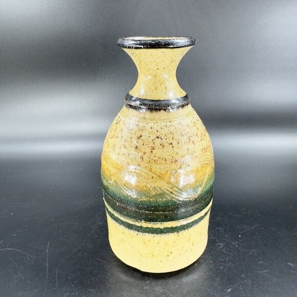 Studio Art Pottery Vase Bottle Shaped Vessel Hand Made Yellow Glazed Carved VTG - Picture 9 of 13